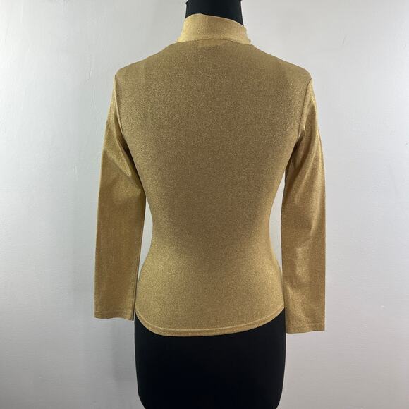 VINTAGE Jill Stuart Metallic Gold Blouse Knit Tie-Neck Long Sleeve Size Small S - Picture 8 of 11